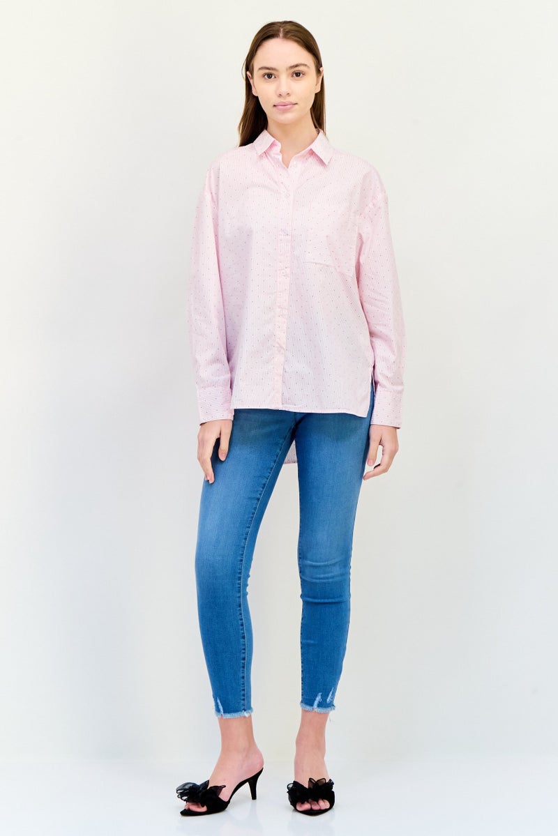 XOXO Women Spread Neck Long Sleeves Micro Stripe Shirt, Pink - Image 3